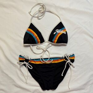 Retro Stripe Hobie Surfer Girl Stripe Bow Tie Triangle Top Bikini Set, Medium
